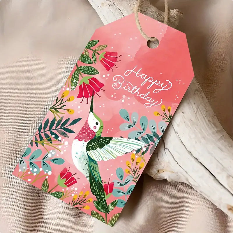 Floral Happy Birthday Hummingbird Gift Tag (Pack of 8)