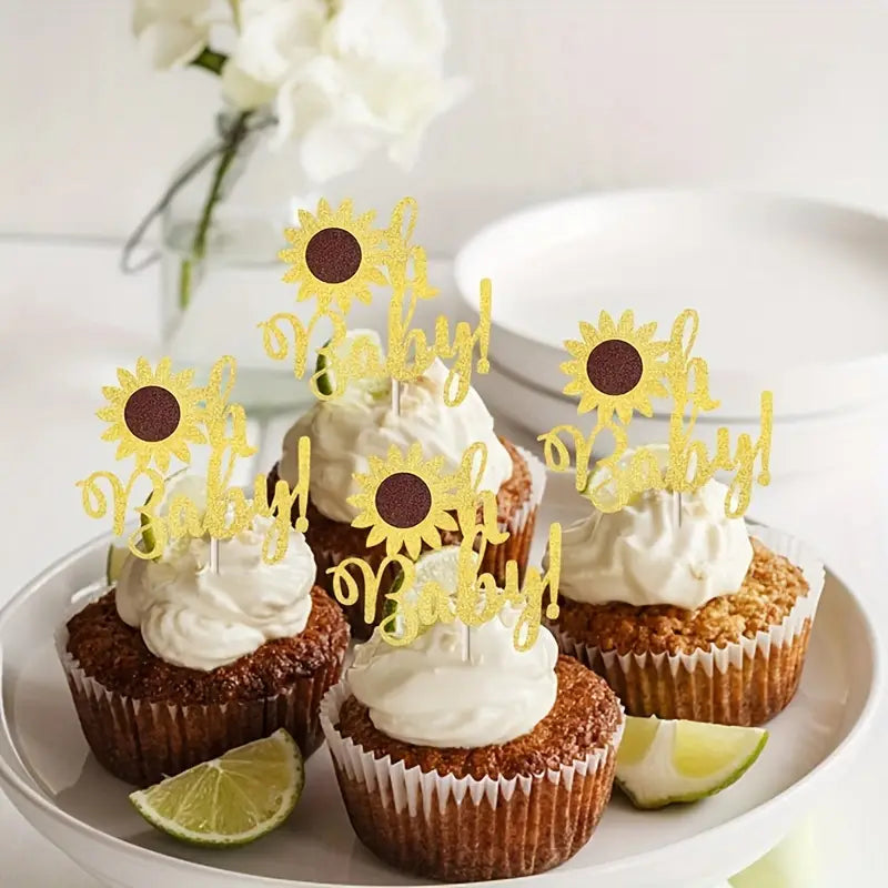 Oh Baby Sunflower Cupcake Toppers For Baby Shower (Pack of 12)