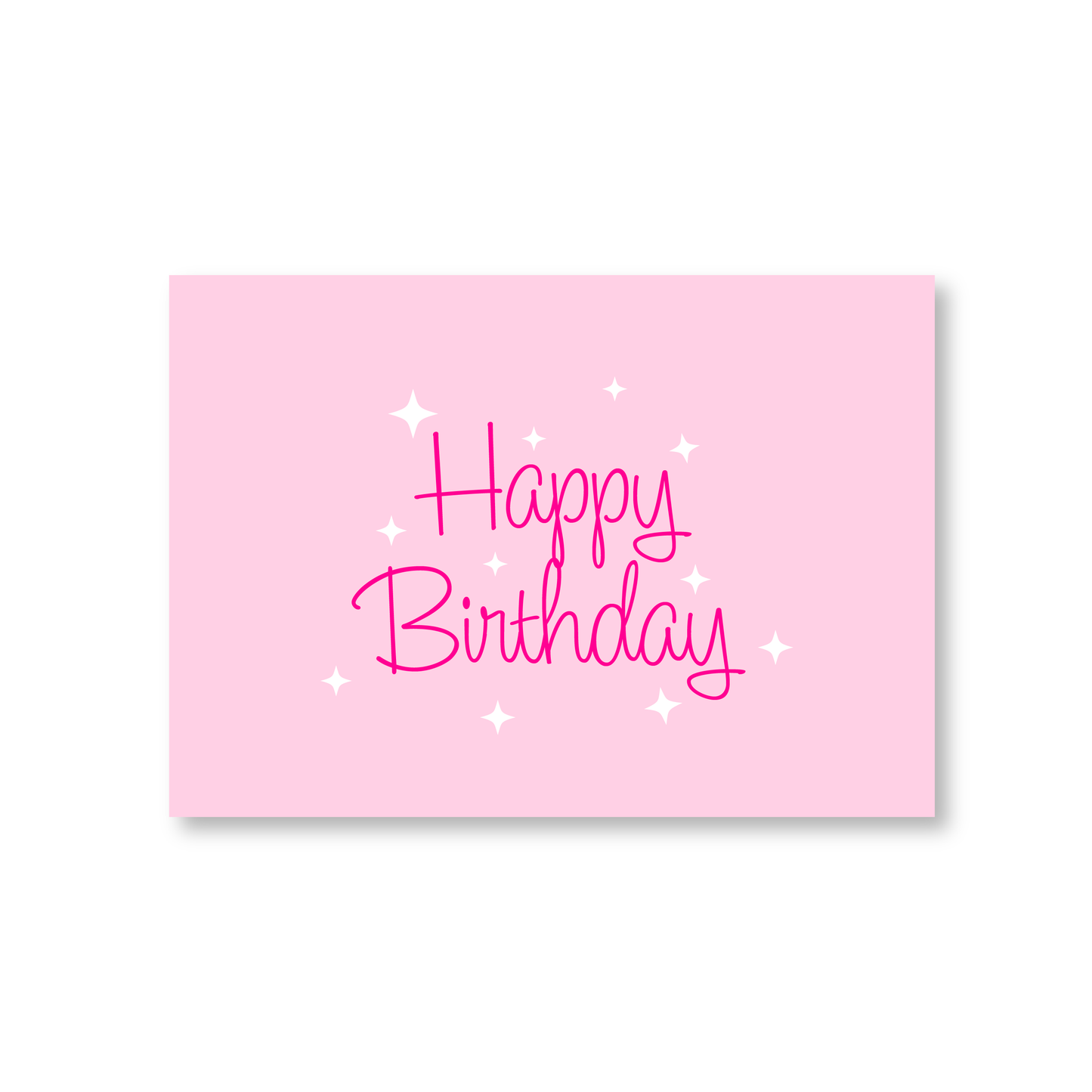 Pink Happy Birthday Card With Cursive Writing and Stars