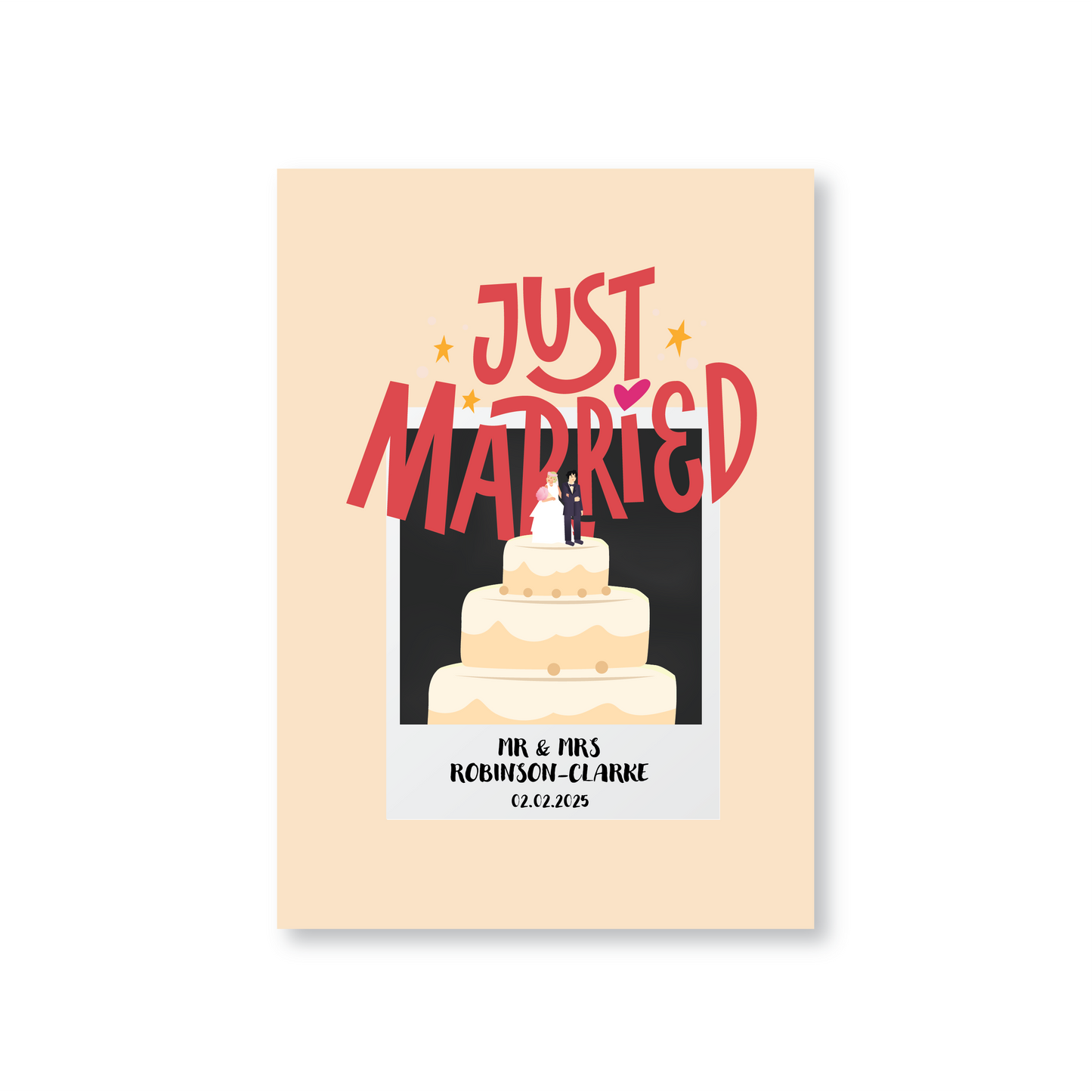 Just Married Cake Polaroid Wedding Day Card (Personalised Names)