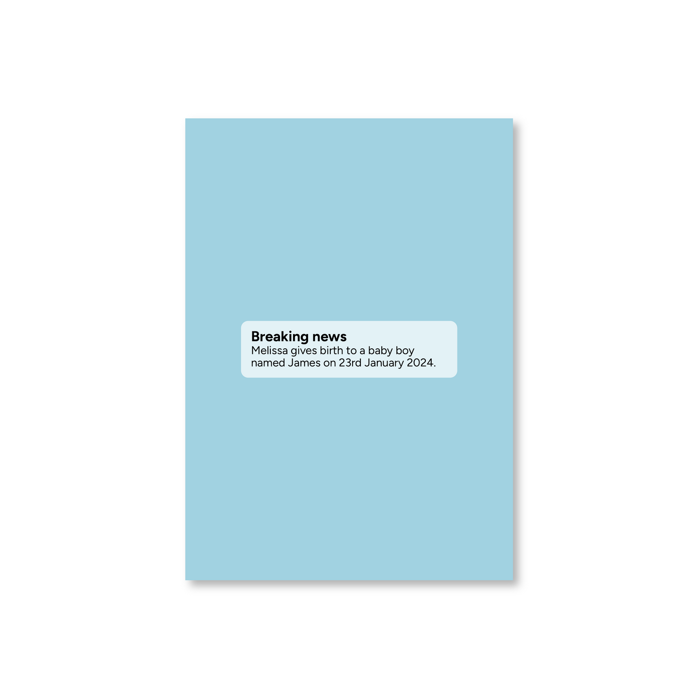 A customisable new baby greeting card styled like a newspaper breaking news alert in yellow, red and white.