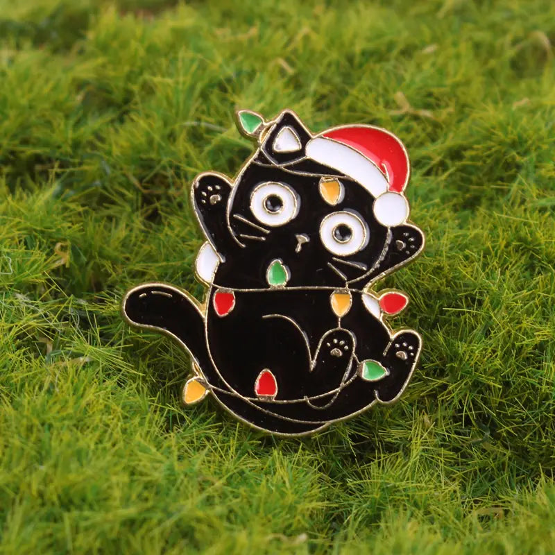 Cat Wrapped In Christmas Lights Pin Badge