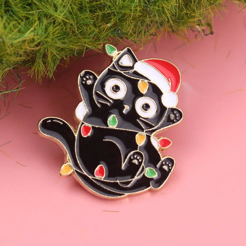 Cat Wrapped In Christmas Lights Pin Badge