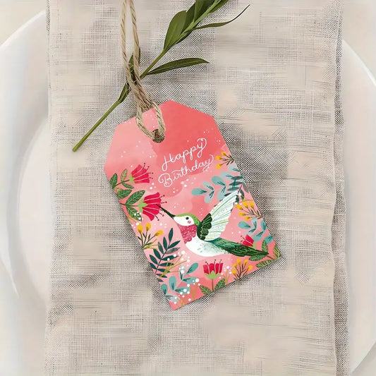 Floral Happy Birthday Hummingbird Gift Tag (Pack of 8)