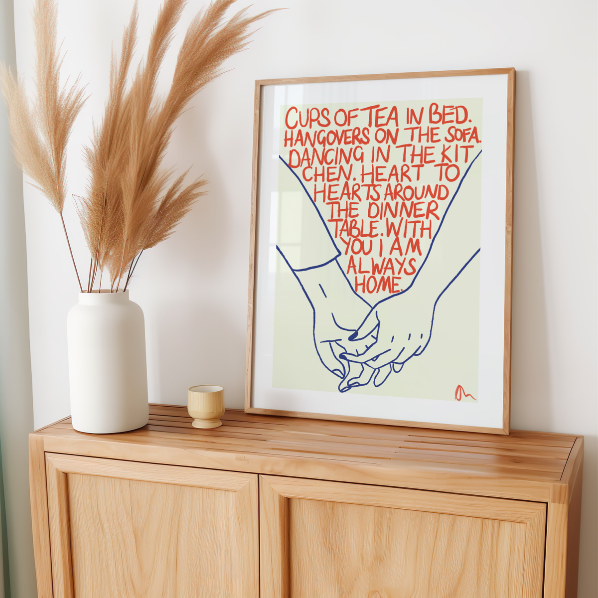 Cups of Tea | Orange and Blue Cute Romantic Hand Drawn Typographic Art Print