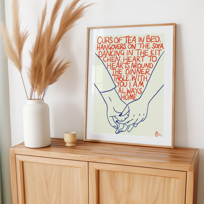 Cups of Tea | Orange and Blue Cute Romantic Hand Drawn Typographic Art Print