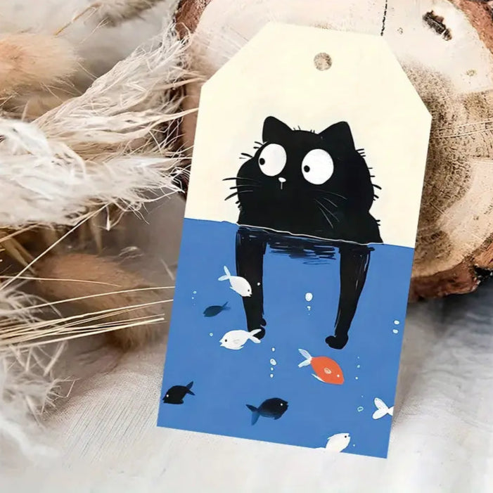 Black Cat In Fish Bowl Gift Tag (Pack of 8)