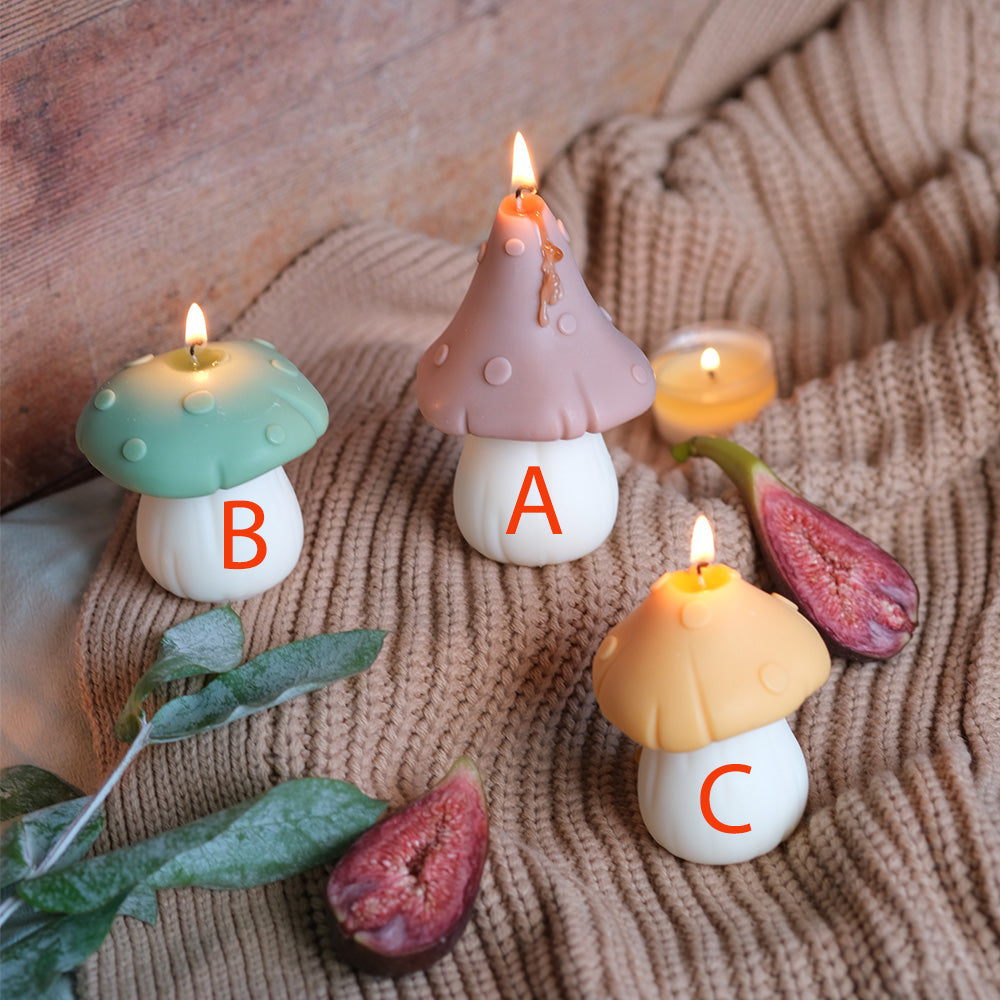 Glittery pastel mushroom shaped candles handmade in soy wax