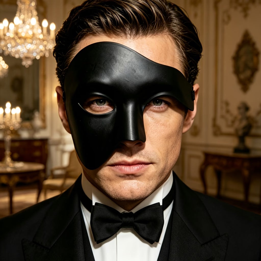 Phantom Masquerade Half Face Mask – Black Venetian Style Costume Mask