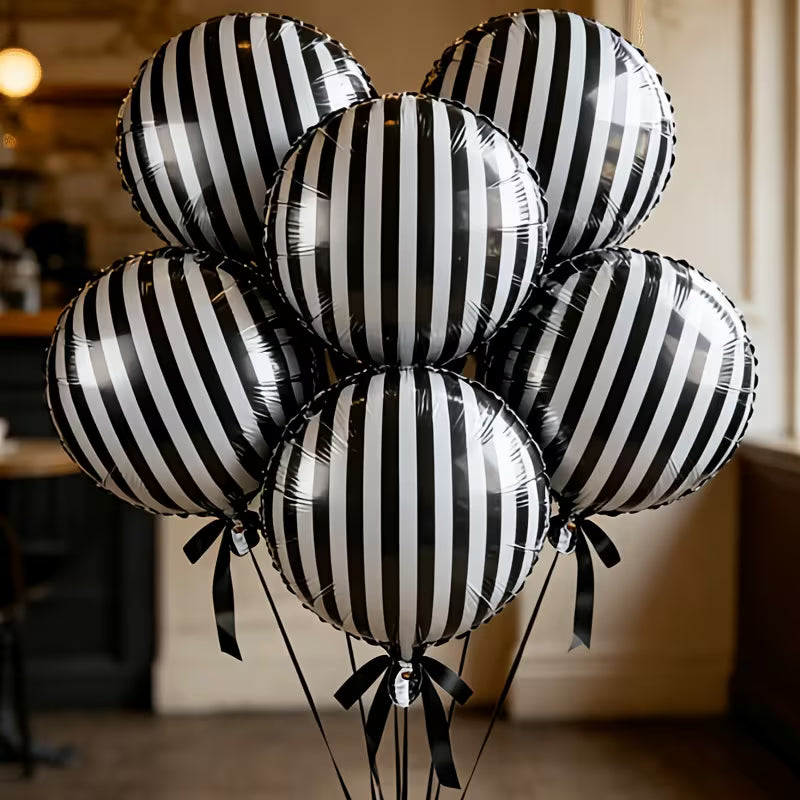 18" Black & White Stripe Party Balloons with Ribbon & Bow (Pack of 6)