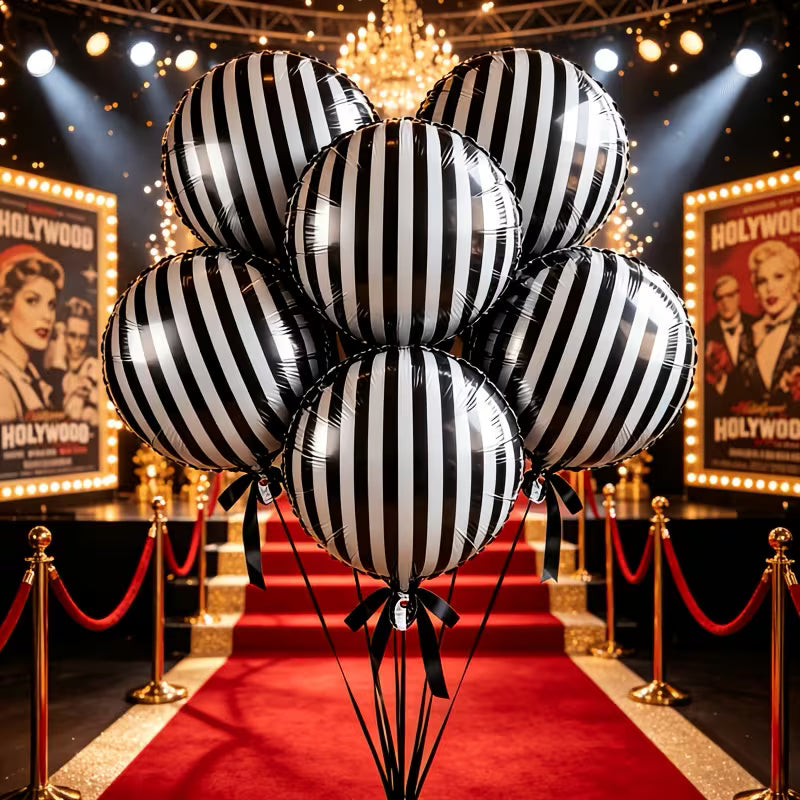 18" Black & White Stripe Party Balloons with Ribbon & Bow (Pack of 6)