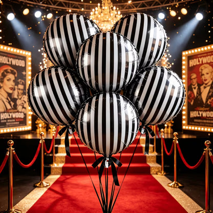 18" Black & White Stripe Party Balloons with Ribbon & Bow (Pack of 6)