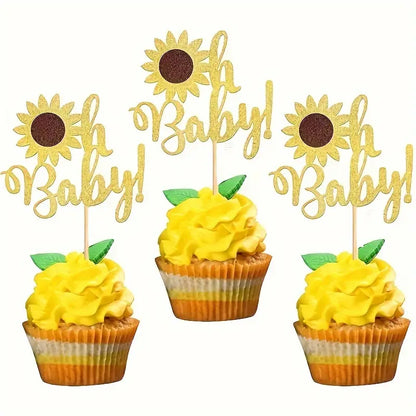 Oh Baby Sunflower Cupcake Toppers For Baby Shower (Pack of 12)