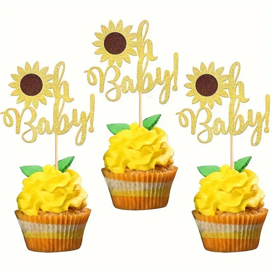 Oh Baby Sunflower Cupcake Toppers For Baby Shower (Pack of 12)