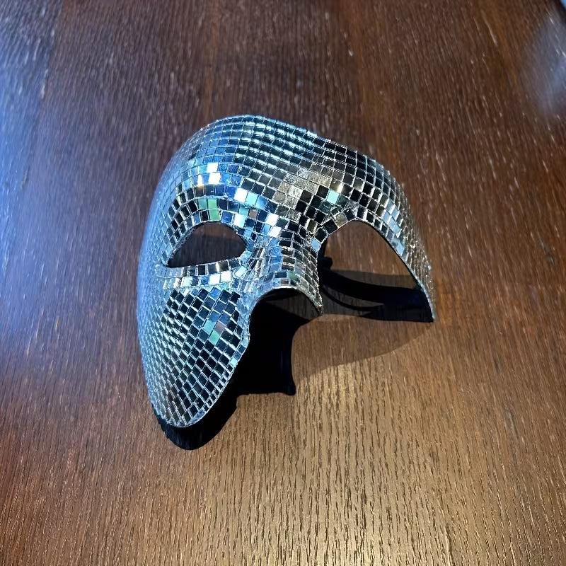 Mirrorball Phantom Half Mask – Silver Disco Masquerade Mask