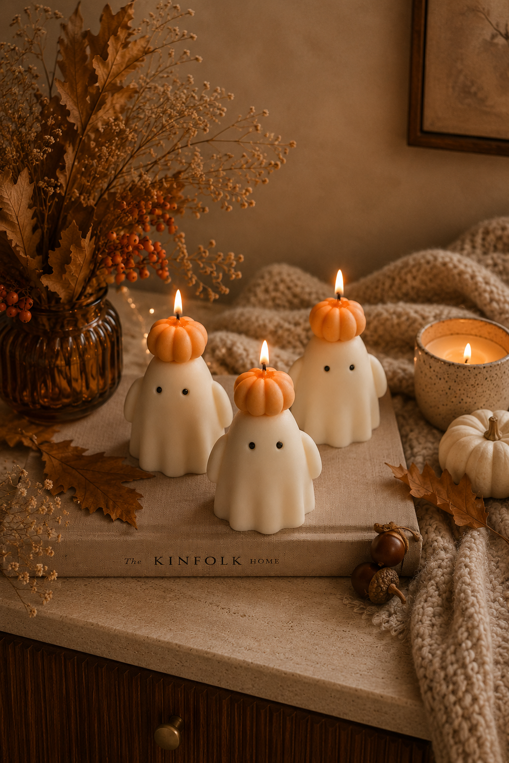 Handmade soy wax ghost candle wearing a small orange pumpkin hat