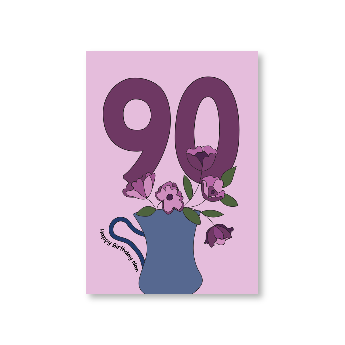 Elegant 90th birthday card for nan featuring a colourful floral design and elegant lettering on a premium white card.
