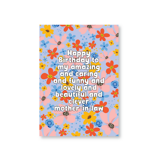 Floral greeting card for Mum, Step Mum or Mother-in-Law with colourful flower bouquet illustration and heartfelt text.