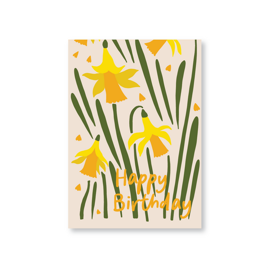 Happy Birthday Card with Bright Daffodil Illustrations