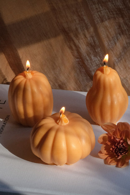 Three handmade soy wax pumpkin shaped candles in different sizes