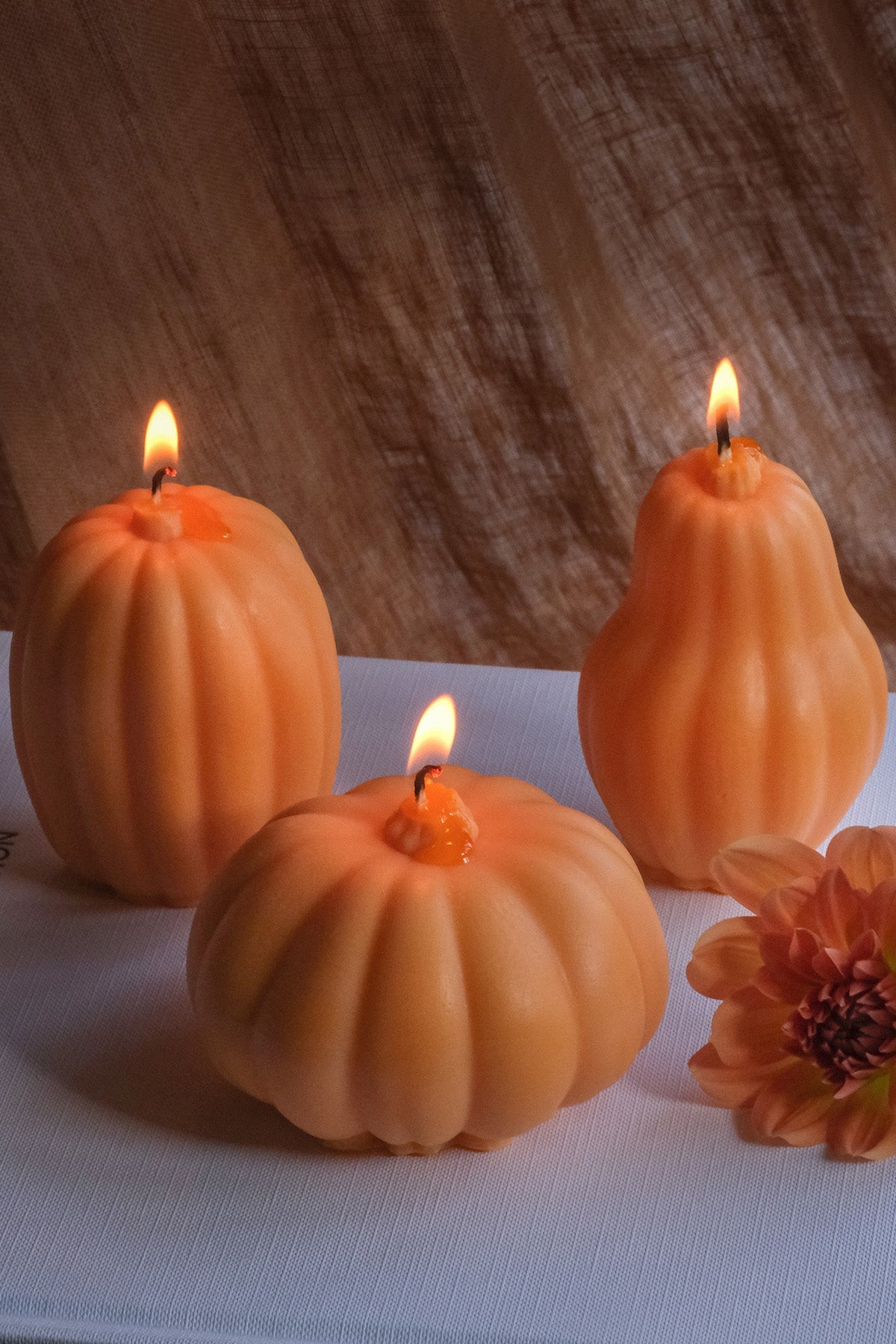 Three handmade soy wax pumpkin shaped candles in different sizes
