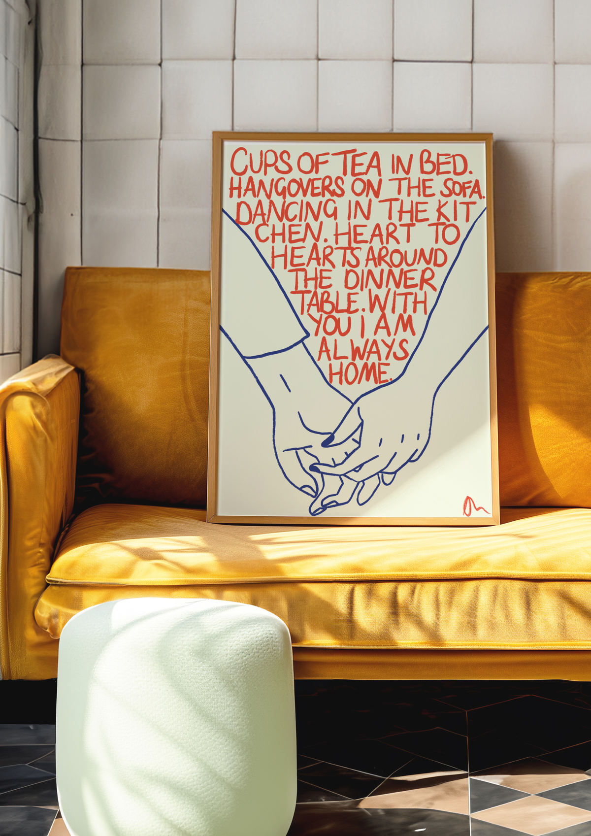 Cups of Tea | Orange and Blue Cute Romantic Hand Drawn Typographic Art Print