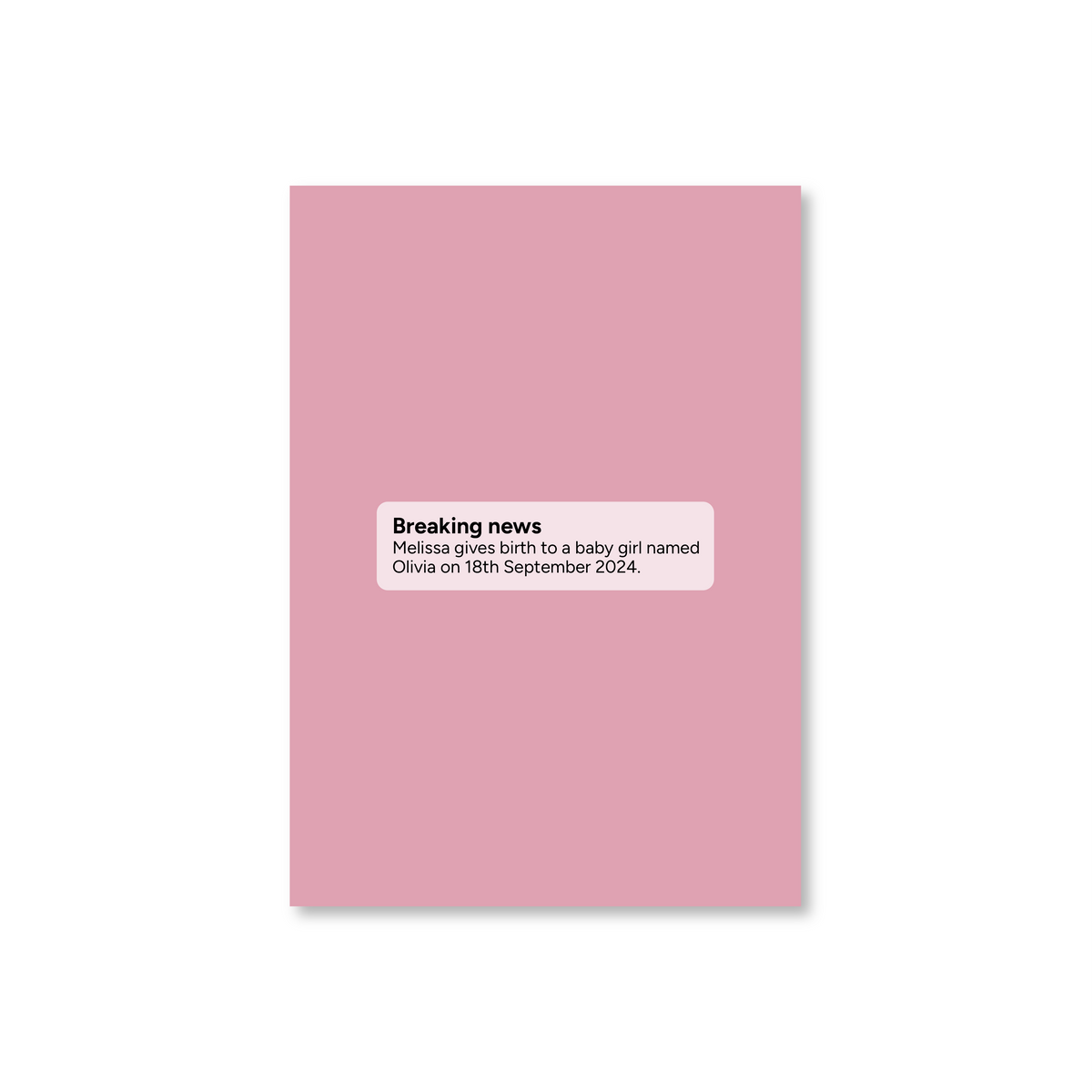 A customisable new baby greeting card styled like a newspaper breaking news alert in yellow, red and white.